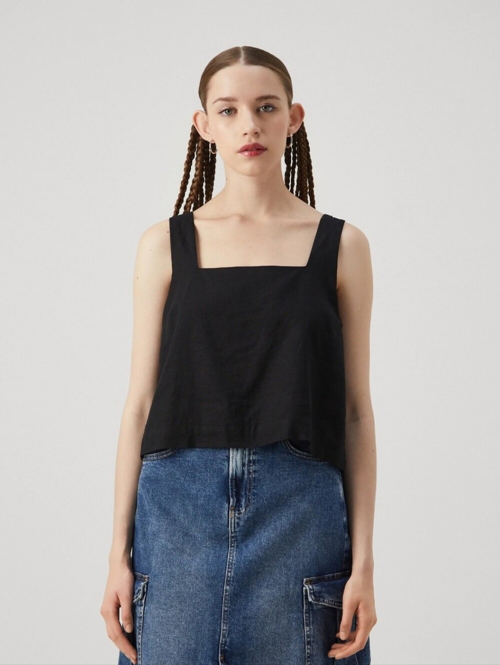 Gap Sleeveless Shell Tank Top Shirt Linen Button Back Square Neck Black Small